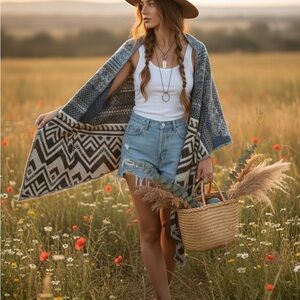 American Eagle Bohemian Blue and White Patterned Shawl